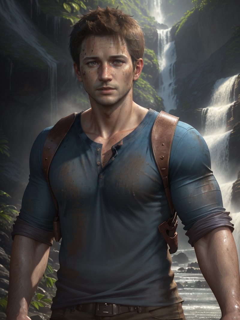 <lora:NateV1:0.7>, close up photo of nateu4, man solo, blue shirt, dirty clothes, dirty face, standing by the waterfall In...