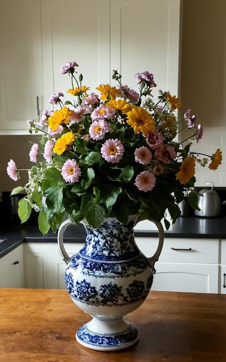 ornate vase filled with flowers on a kitchen table,<lora:Creat0r_MagicDetailzV2_FIX:0.95>,