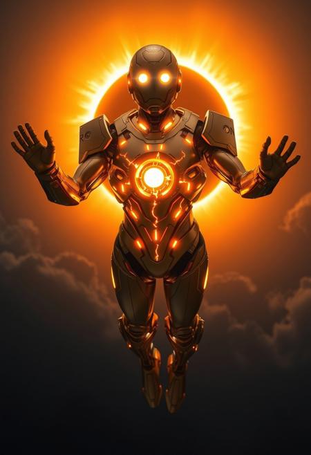 full-body portrait of a futuristic humanoid figure floating mid-air, cinematic low angle, sleek golden armor with polished metallic surfaces, glowing cracks radiating orange light across the chest and limbs, central glowing circular emblem on chest emitting intense solar energy, helmeted head with smooth featureless face, two glowing white-hot eyes, radiant halo of fiery light surrounding the head, muscular physique with streamlined contours, arms slightly extended outward, fingers curled and glowing faintly, legs in dynamic pose with one forward and one back, feet pointed downward, background gradient from cool blue to warm orange, dramatic lighting, high contrast, sci-fi superhero aesthetic, mythic AI design, divine-tech fusion, reflective surfaces catching ambient light, glowing fissures like solar eruptions, central composition, ambient glow, volumetric lighting, ultra-detailed, 8k, concept art style, inspired by comic book covers and celestial avatars.  The background is a solar eclipse with a colorful corona. The rest of the background is dark with clouds