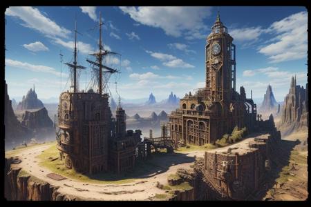 steampunk landscape, HDR, maximum clarity and sharpness, multi-layered textures, bluesky background, artstyle