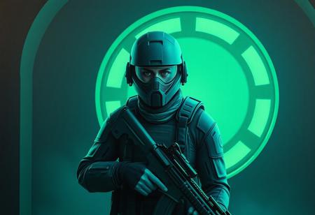 A Surreal Oil Painting of a futuristic soldier, standing in a dimly lit room. The soldier is equipped with a helmet and a gun, suggesting readiness for combat, Super Detailed Face and Eyes and Clothes, Beautiful Detailed Eyes, Lifelike Details. The room is characterized by a large circular window in the background, which is illuminated by a green light, casting an ethereal glow on the soldier, Captivating Lighting. The soldier's position in front of the window and the green light create a sense of depth in the image, Attractive Background. The overall color scheme is dominated by shades of green and gray, Stunning Colors, Harmonious Colors, Multi Colored. adding to the futuristic and mysterious atmosphere. 4K, 4K, Exceptional Quality, More Detail, Handcrafted with Precision, High Quality, Sharp Lines and Brush Strokes, Contemporary Aesthetics, Beautiful Matte Painting, Impeccable Composition, Creative Angle, Balanced Editing, Intentional Focus, Well-timed Moment, Isometric, Dynamic Action Pose, Grammer Effect Style, Splash Ink Illustration, Octane Render, Octane Render, Unreal Engine 5, Raphael Style, Houdini Style, Vivid Emotions, Joyful Impact, Powerful Message, CGSociety, Artstation Trending on ArtstationHQ, Golden Ratio, trending on artstation, concept art, detailed, detailed, high definition, sharp focus, insane detail, volumetric lighting, very detailed.