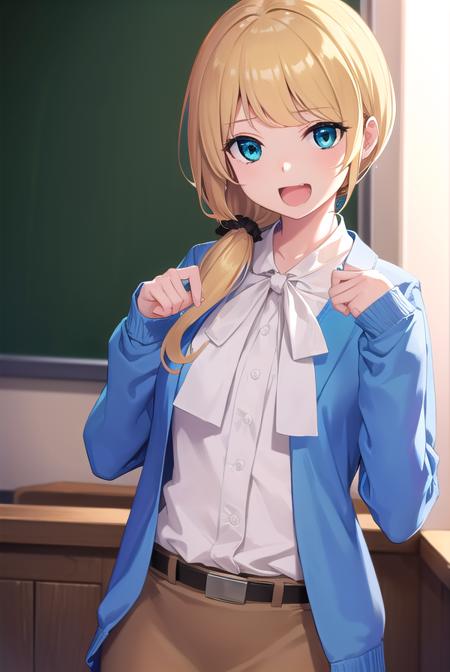 ellenbaker, <lora:ellenbaker-lora-nochekaiser:1>,
ellen baker, blonde hair, (green eyes:1.5), long hair, ponytail, scrunchie, <lora:talkmouth_A_v100:0.8>, open mouth,
BREAK shirt, white shirt, collared shirt, cardigan, blue cardigan, belt, skirt, brown skirt, pencil skirt,
BREAK indoors, classroom,
BREAK looking at viewer, (cowboy shot:1.5),
BREAK <lyco:GoodHands-beta2:1>, (masterpiece:1.2), best quality, high resolution, unity 8k wallpaper, (illustration:0.8), (beautiful detailed eyes:1.6), extremely detailed face, perfect lighting, extremely detailed CG, (perfect hands, perfect anatomy),