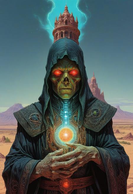 appears trapped in an optical illusion of reflections and refractions. Illustration by moebius, a tower in a desert, intricate details, an undead wizard with glowing turquois eyes wearing robes that are red and black with an intricate pattern of YellowGreen lightening motif have the wizards hands spread out with energy glowing around his hands that are the same color as his glowing eyes also have the mouth open and the face of the undead wizard look very decayed but still have some flesh medium grain, FRESHIDESH Moebius comic book