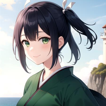 ((masterpiece)),(best quality),official art,extremely detailed CG,unity 8k wallpaper,ultra detailed,A lighthouse on a cliff by the sea,1girl,solo,upper body,(portrait:1.2),japanese_clothes,twintails,green_kimono,green_eyes,short_hair,partially_fingerless_gloves,blue_hair,wide_sleeves,hair_ribbon,yugake,large_breasts,hakama_short_skirt,geta,tabi,white_socks,pleated_skirt,white_ribbon,looking_at_viewer,smile,<lora:SouRyuu(kan)>,