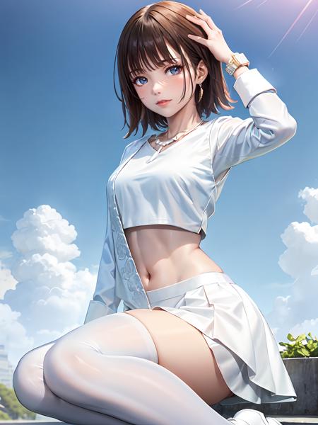 (extremely detailed CG), (best quality), 1girl, perfect face,  shiny skin, lustrous skin, wide hips,narrow waist,  <lora:SononiDon-10:0.8>SononiDon, white short,shorts,miniskirt,bracelet,white jacket, white footwear,long sleeves,navel,midriff,crop top, white skirt, white shirt,necklace,jewelry, thighhighs ,earrings,skirt