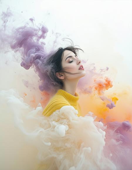 windswept brunette, alabaster skin, fractured by crystalline sugar highlights, swirling inky chaos, yellow wool jumper against liquid gloss.
Impasto oil textures; molten sugar crystallizes on her collarbone. mist clings to her silhouette, dissolving into fractal patterns.
Suspended ink droplets — crushed lavender-red streaks.
Bruise-toned gradients clash with ethereal pastels, depth amplified by anamorphic lens distortion. volatile metamorphosis.
