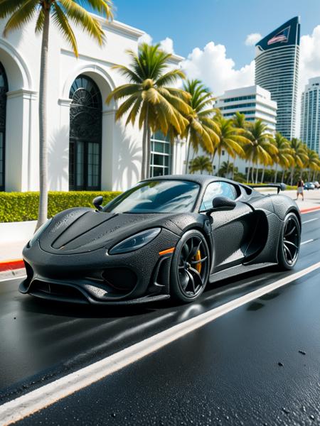 <lora:Fresh_Tarmac_SXDL:1>, a sleek sports car made of black ais-tarmac cruising along ocean drive in Miami