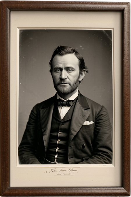 UlyssesSGrant, ((1880s photograph, upper body, portrait, Victorian menswear, in an opulent Victorian parlor)), large-format wooden box camera, 300mm f/11, 1/5s, ISO 20, ((sepia-toned))