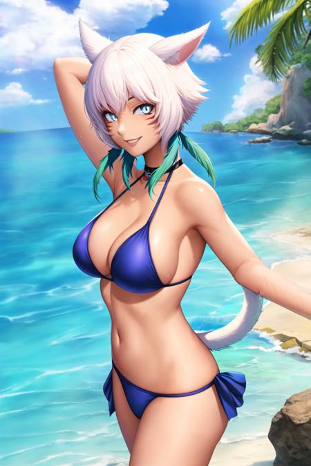 anime drawing of adult YshtolaRhulFF with white_hair and grey_eyes, (white_cat_tail:1.2),
high contrast, high saturation, <lora:epiNoiseoffset_v2:0.2>, 

beach,
bikini,
ocean,
tropical lagoon,
standing in water,
looking at viewer,
smiling,

 <lora:YshtolaRhulFF:1.0>