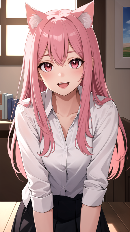 (best quality:1.1), (masterpiece:1.2), high quality shadow, beautiful detailed, beautiful face, detailed eyes, depth of field, highres, best shadow, best illumination,  1girl, looking at viewer, pink hair, long hair, red eyes, smile, open mouth, cat ears, shirt, skirt, indoors,