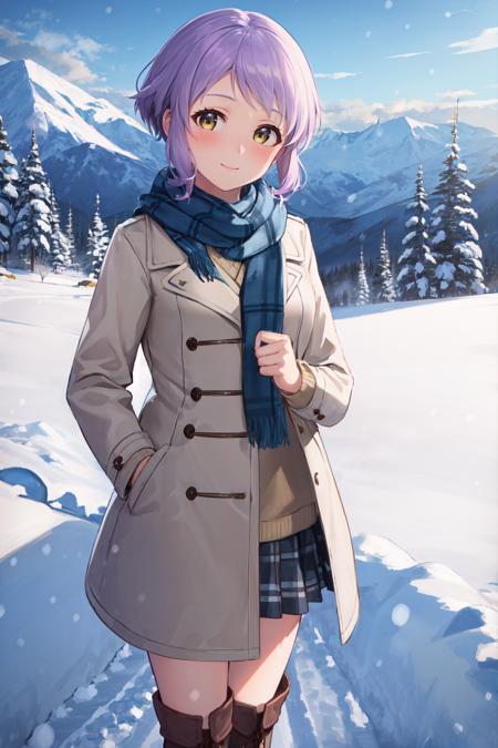 (masterpiece, best quality:1.4), looking at viewer, cowboy shot, smile, blush, mizuki makabe, purple hair, short hair, yellow eyes, winter coat, checkered scarf, boots, outdoors, snow, grass, mountain, <lora:mizuki_makabe_v1:0.7>