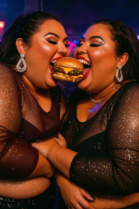 promotional club photography, vertical close-up of two visibly stuffed BBW best friends leaning in to take the same bite from opposite ends of a massive burger, food compressed in the center as their faces draw close, lips nearly touching, glitter and sauce mixing on their cheeks, mesh tops stretched tight over visible bellylines, arms crossed and overlapping, laughing with mouths full as LED reflections shimmer off rhinestone earrings and the glossy sheen of sweat























