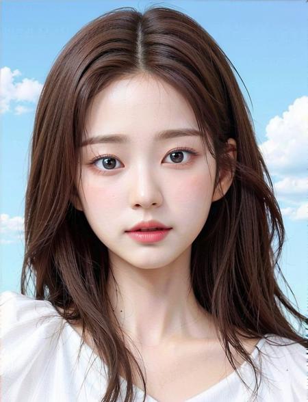 (RAW photo, best quality), (realistic, photo-realistic:1.2), minju, clouds, sky, sunlight, outdoor, (high detailed skin:1.4), puffy eyes, wavy hair, brown hair, white top, pleated skirt, soft lighting, high quality
 <lora:mjftwv2:0.75>,