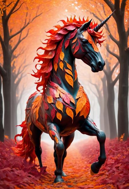 A unicorn with a body made of glowing RED LEAVES that ripple like fire in the wind. Its mane flows with WORLD MORPH LEAVES, shifting colors from deep crimson to radiant gold. The horn is a luminous spire that reshapes the landscapeâtrees bloom into fiery forests, and the ground becomes a sea of glowing RED LEAVES. Surreal, radiant, and transformative. <lora:World Morph Leaves:1>