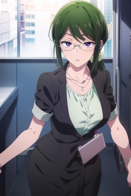 hanakokoyanagi, <lora:hanakokoyanagi-lora-nochekaiser:1>,
hanako koyanagi, green hair, low ponytail, (purple eyes:1.1), glasses,
BREAK skirt, shirt, necklace, office lady,
BREAK looking at viewer,
BREAK indoors,
BREAK <lora:GoodHands-vanilla:1>, (masterpiece:1.2), best quality, high resolution, unity 8k wallpaper, (illustration:0.8), (beautiful detailed eyes:1.6), extremely detailed face, perfect lighting, extremely detailed CG, (perfect hands, perfect anatomy),