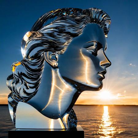 Crystal sculpture portrait of Titanic at sunset using negative space, 
translucent female face with ethereal beauty positioned centrally, 
lightning strikes in the background depicting vibrant nature energy, 
minimalist shower silhouette on the right symbolizing the aftermath of the storm, 
nighttime scene on a reflective surface enhances the engagement of direct eye contact and a direct gaze, 
ethereal atmosphere enveloping the subject, 
inspired aesthetics within a cinem