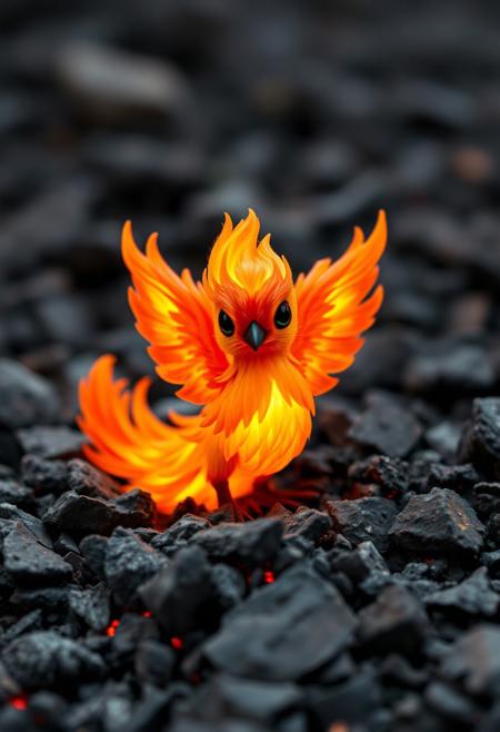 "A tiny, adorable baby fire Phoenix, its body a vibrant, flaming fireball, emerged from a large pile of ash, its beady, black eyes shining with a fierce, inner light. The Phoenix's tiny, delicate wings, a whispered promise of future greatness, unfolded from its back, like a lotus blooming in the flames. The Phoenix's flaming feathers, a soft, glowing ember red, seemed to dance and shimmer, like a thousand tiny flames, infusing the creature with a magical, otherworldly aura. The Phoenix's body, a swirling, fiery vortex, seemed to pulse with an inner light, as if the very essence of fire and rebirth had been distilled into this one, perfect form. The overall effect was one of breathtaking, adorable cuteness, as if the Phoenix were a living, breathing embodiment of the cycle of life and death, born from the ashes, reborn in fire and glory. The Phoenix's flaming body seemed to radiate a warm, golden glow, like a tiny, fiery sun, illuminating the surrounding ash and darkness."