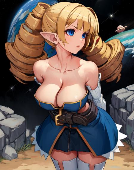 Archer, blond hair,drill hair, pointy ears,blue eyes ,serious, 
standing,  upper body,   cleavage,   leaning forward,  large breasts,  arms behind back, 
cowboy shot, 
detached sleeves,bare shoulders, strapless dress,zipper,boots,belt ,white thighhighs, brick road, outer space, stars, 
(insanely detailed, beautiful detailed face, masterpiece, best quality)  <lora:Archer-10v6:0.8>