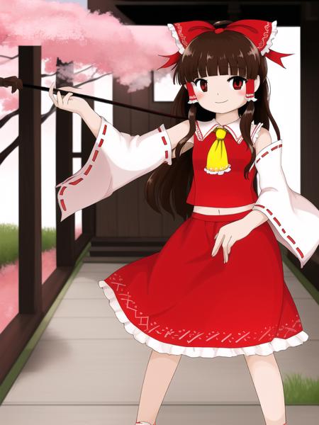 masterpiece, best quality, <lora:ZUN_Lycoris-v13-15:0.925>, flat color, flat shading, perfect hands,
cowboy shot, full body, standing, dynamic pose, light smile, holding weapon, gohei
(solo), (1girl), hakurei reimu, (brown hair:1.15), long hair, (blunt bangs:1.2), hime cut, sidelocks, red eyes, medium breasts,
red vest, red skirt, yellow ascot, red hair tubes, nontraditional miko, detached sleeves, white sleeves, red shoes, red mary janes, gohei, (midriff:0.85),
(japanese shrine, cherry blossoms:1.1)