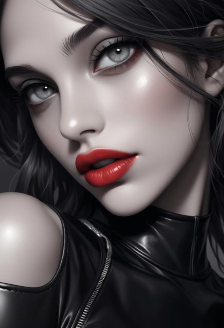 Extreme close up portrait. Women are tall, women are haughty, women are elegant, women are superior, women are beautiful with high and prominent cheekbones, women have beautiful natural skin tones without makeup and long and luxuriant hair, women wear leather evening gowns and leather pencil dresses. (The scene is moody and in monochromatic shades of grey the only colour being the bright red of the woman's lips:1.8).