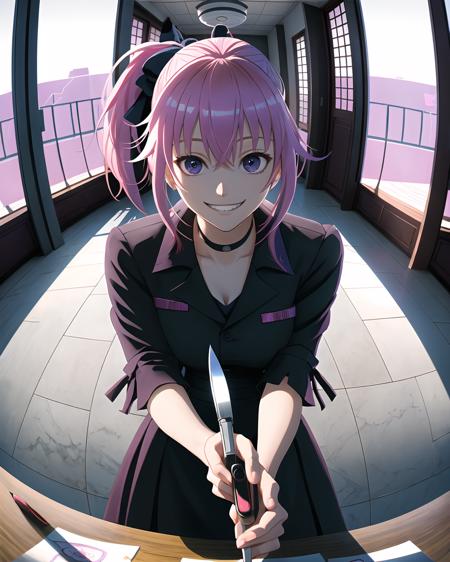 psychopath yandere gasai yuno from mirai nikki, future diary, (evil grin), smile, (face portrait in fisheye view:1.25), school library, holding knife behind her back, (masterpiece:1.3), (best quality:1.25), [intricate detail], (high resolution:0.9), raytracing, cg, global illumination, backlighting, (ultra detailed), parted bangs, black dress, short hair, ponytail