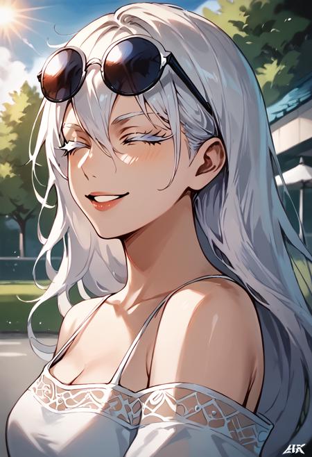 gojofem blue eyes, colored eyelashes, eyewear on head, white hair, hair between eyes, long hair black jacket, high collar