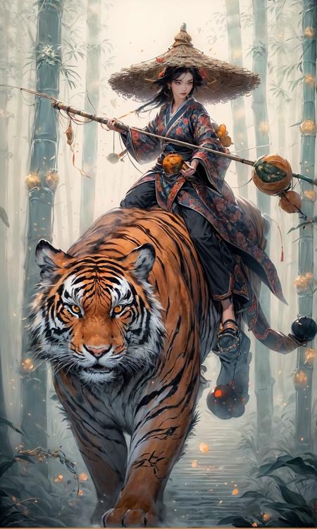 masterpiece, best quality, 8k, insane details, intricate details, hyperdetailed, hyper quality, high detail, ultra detailed, Masterpiece,
1girl, solo,East Asian architectureHanfuBamboo grovefishing rod(gourd:1.6)
<lora:Riding a giant tiger_20230822144927:0.7>