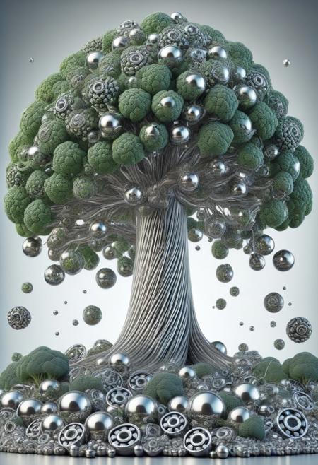 score_9_up,score_8_up,score_7_up,score_6_up,
pg-rating, ,masterpiece ,amazing quality, best quality,ultra-detailed,8K,illustration, amazing quality, vivid colors, ((source_realistic:1.6)), metallic silver theme,
gigantic broccoli world tree made out of shiny chrome-steel ball bearings,