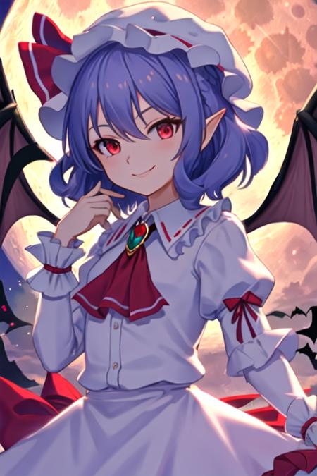 best quality, masterpiece, highres, solo, {remilia_scarlet_touhou:1.15}, red_eyes, short_hair, bat_wings, wings, ribbon, hat, blue_hair, mob_cap, hair_between_eyes, hat_ribbon, bangs, smile, upper_body, red_ribbon, 1girl, dress, looking_at_viewer, short_sleeves, wrist_cuffs, full_moon, moon, puffy_sleeves, red_moon, hand_on_own_face, purple_hair