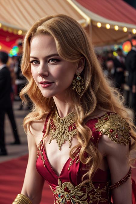 NicoleK_SoloTI_v1,
(happy,smile), (Dressed in a striking crimson gown, embellished with intricate gold embroidery, radiating boldness and allure), (A bustling carnival, with vibrant tents and colorful decorations, igniting a sense of excitement and wonder: 1.3), (seductive:1.3),(analog, cinematic, film grain, hazy atmosphere, cinematic shot:1.3),
<lora:add_detail:0.6>,<lora:LowRa:0>, PA7_Portrait-MCU,