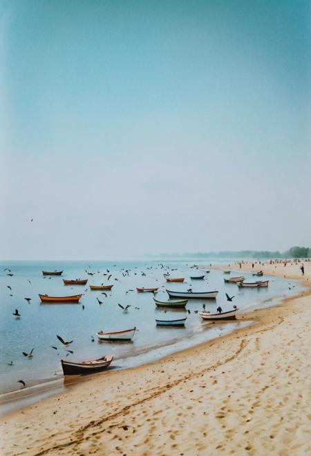 soaked_beer, instagramphoto, a foggy beach with some of birds in the sky and boats on the sea. camera:kiev88 with volna-objektiv, soft shadows, filmgrain