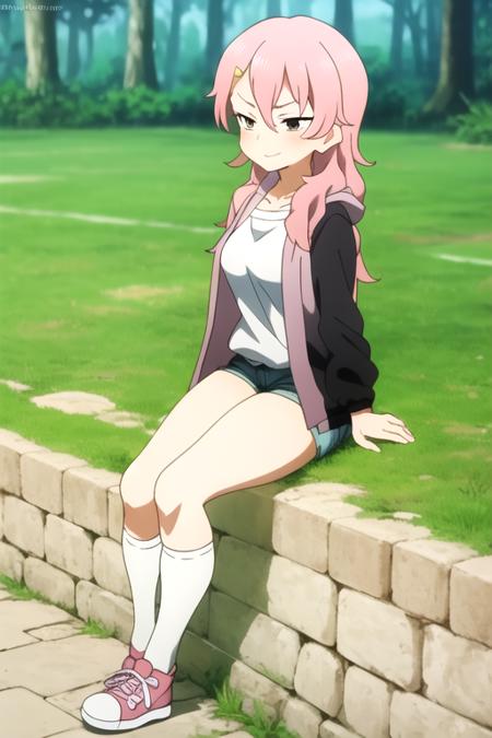 <lora:Benisumomo1122:0.9>, masterpiece, best quality, benisumomo, 1girl, solo, pink hair, hairclip,black hooded jacket, smug, kneehighs, thick thighs, short shorts, (white t-shirt), large breasts, sneakers, (white legwear),