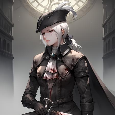 Lady Maria White hair, grey eyes, tricorne, gloves, hat feather, ascot, ponytail, cape,