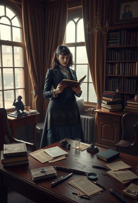 A detailed scene set in Victorian England, inspired by the world of Sherlock Holmes. The image should depict a mysterious and intelligent woman in her late twenties, dressed in 19th-century fashion, acting as Sherlock Holmes' assistant. She stands confidently in a dimly lit study filled with antique furniture, stacks of books, and various investigative tools. The room has a large window with heavy curtains, allowing only a sliver of London’s foggy street outside to seep through. On a wooden desk, there are letters, magnifying glasses, and clues scattered about. The woman is holding a notebook, deep in thought, with a subtle expression of determination and intelligence, as though she has just uncovered a critical piece of the puzzle. Her style reflects a blend of elegance and practicality, inspired by the Victorian era. The overall mood should evoke the intrigue and mystery typical of a Sherlock Holmes investigation