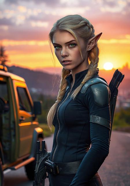 The image is intended to be photorealistic. The face, and especially the eyes, are highly detailed. In the background, we see a sunset that bathes the scenery in warm orange and tinges the sky with a light purple. In the image, we see a blonde elf in a slightly off-center position. She is young, pretty, and has long ears. She is almost 2 meters tall, very slim, and has an athletic build. Her blonde hair reaches to her hips and is braided into a single, thick braid. Her eyes are bright green. Her facial expression is serious.

She wears a futuristic, tight-fitting uniform made of very thin dark blue fabric with a zipper down the front and visible protectors on the shoulders, elbows, and hips. Around her waist, she wears a wide black belt with several pockets. On her back is a black quiver with long black arrows protruding from it, and a futuristic longbow. The longbow's string runs along her torso, between her breasts. In the blurred background, she just exited an olive-green armored vehicle. She's standing on a clean road at the edge of a forest. Far away in the valley, a bright, futuristic city skyline can be seen. (high detailed face)