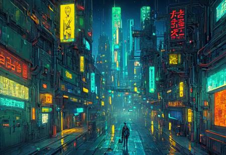 anime, cyberpunk, mad-cybrpnkimprss, midnight, neone colours bath the scene, contrasting colours, green, blue, yellow and red colour focus, high contrast, highly detailed, high resolution, an electronic street sign glows in the dark city, the street sign alerts people to stop, particles of light float in view, interesting composition