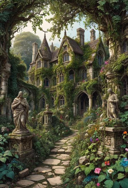 A winding gravel path, overgrown with vines and moss, meanders through a forgotten, yet majestic garden, where crumbling stone statues stand amidst a riot of brambles and colourful wild flowers, leading to a mysterious, dilapidated house that blends medieval and Victorian gothic architectural styles, an intricate web of ivy covering its walls, highly detailed, sharp focus, capturing the textures of the stone and the delicate patterns on the stained glass windows. In the right foreground an ancient oak. ink art, line art