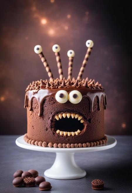 an expressive chocolate cake, detailed, perfect composition, googly eyes, sharp chocolate teeth  with extra long legs, in space. Close up, blurry background.