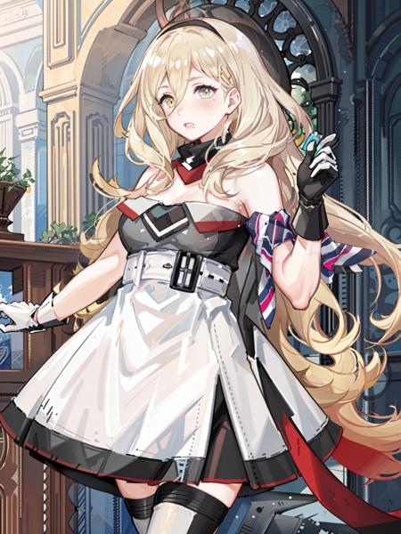 richelieu \(kancolle\), 1girl, solo, multicolored clothes, gloves, mole, mole under eye, strapless dress, strapless, dress, multicolored gloves, breasts, mole under mouth, large breasts, multicolored dress, thighhighs, white gloves, cowboy shot, blush, no headwear, belt, armband, original, intricate detail, illustration, masterpiece, extremely detailed CG unity 8k wallpaper, highlight, sharpening, dynamic, <lora:Richelieu:0.8>