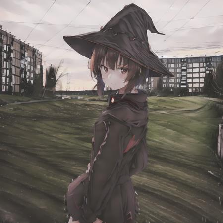 1girl, ebenya, looking at viewer, brown hair, russian city,  Megumin_1000, witch hat