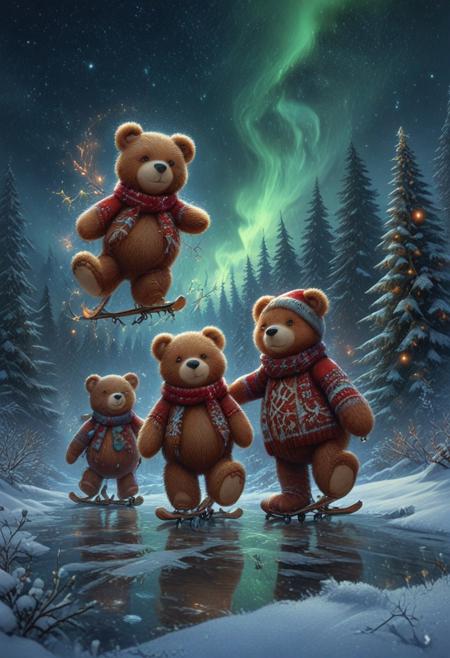 xmastedx, (fine texture, masterpiece, ultra-detailed, very awa, best quality, very aesthetic, absurdres, newest, cinematic lighting, magical atmosphere, rating_safe), BREAK, 
teddy bears, ice skating, group of bears, dynamic poses, soft and fluffy fur, playful expressions, some spinning, others forming a line, BREAK,
wearing colorful scarves, holiday hats, and cozy winter sweaters, some with mittens and boots, BREAK,
frozen lake under a starry sky, glowing Christmas lights strung between nearby trees, faint reflections of the lights on the ice, snow-covered landscape in the background, BREAK,
Northern Lights glowing softly in the sky, a whimsical and magical atmosphere, vibrant and festive lighting, BREAK
