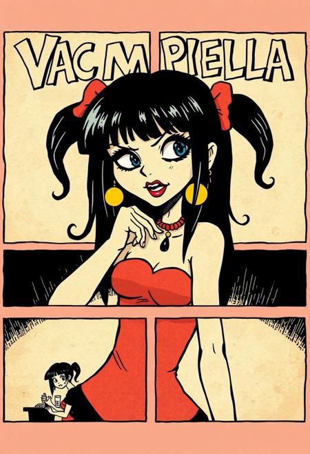 noodle girl from gorillaz comic strip in panels, aged pages, crude drawing, text: "vampirella"