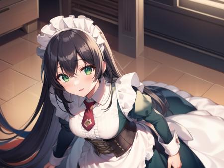 (hyper extreme detailed),(masterpeace),(hyper extreme),(photorealistic),CG,(colour:1.4), beautiful lighting,light from the front, solo,rating:safe, <lora:curacoa:0.6>,curacoa,lihgt black hair,long hair,green eye,maid,corset,boots,