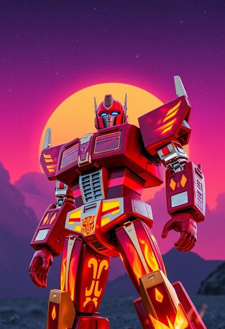 Red and gold transformer Rodimus robot, fire patterns,  cowboy shot photograph, purple sky, cosmic stars, with an orange and blue synthwave sun background. Slightly turned. Decepticon.