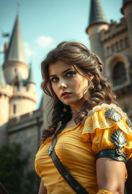 Close Up shot of Belle as a warrior princess  at the Beast Castle, at day, Low saturation color photography, vintage, grunge, side hard light