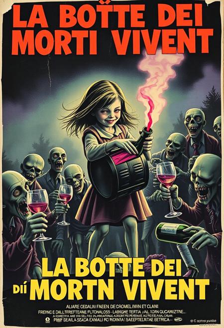 Create a vintage-style Italian horror-comedy poster for La Botte dei Morti Viventi (The Cask of the Living Dead), a playful sequel to The Enorcist. Set in a spooky 1970s Italian countryside, the poster should show the now-possessed little girl carrying her inseparable wine cask, joyfully sharing wine with a group of delighted zombies. These undead characters should have a humorous twist, with goofy smiles and wine glasses in hand, eagerly waiting for a pour.
The design should echo classic horror posters with bold, dramatic colors, dark shadows, and eerie lighting but with a satirical undertone. Include Italian text for authenticity, using retro 70s typography. Show the girl pouring wine from the cask with a ghostly glow or red wine-colored mist emanating from it. Add small, fun details like wine bottles scattered around, some broken, and happy zombie faces with purple wine-stained lips. For extra effect, age the poster with tears, faded colors, and a slightly rotten, crumpled paper look, as if it has been plastered on a wall since the 70s.