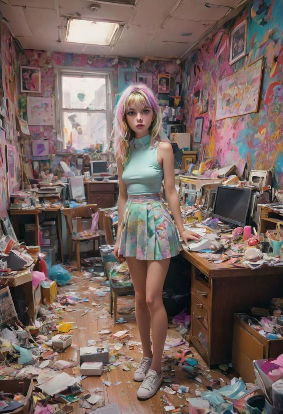 "A Woman in a Blue Skirt Standing in a Messy Art Studio"