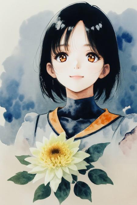 upper body, solo, 1girl, black hair, orange eyes, sidelighting, Fuji_Mums \(flower\), floral background, watercolor \(medium\) <lora:Mikimoto_haruhiko_style_v02:1>