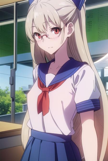 kotonesasaki, <lyco:kotonesasaki-LYCORIStest:1>,
kotone sasaki, long hair, (red eyes:1.5), glasses, blonde hair, hair pin, (small breast:1.2),
BREAK sailor uniform, serafuku, blue sailor collar, short sleeves, skirt, blue skirt, school uniform,
BREAK looking at viewer,
BREAK indoors, classroom,
BREAK <lora:GoodHands-vanilla:1>, (masterpiece:1.2), best quality, high resolution, unity 8k wallpaper, (illustration:0.8), (beautiful detailed eyes:1.6), extremely detailed face, perfect lighting, extremely detailed CG, (perfect hands, perfect anatomy),