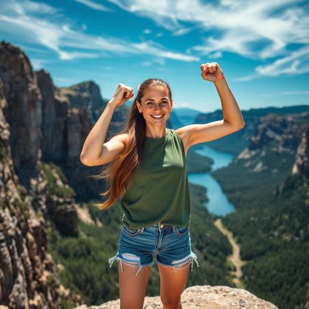 Dramatic action photograph of a woman standing at the top of a cliff, set against a dramatic landscape of steep cliffs and a dense forest and lake below. She has a triumphant expression, with fair skin and long, flowing brown hair tied back in a ponytail. She is dressed in a green sleeveless t-shirt and blue cut off denim shorts and white sneakers. Her fist punching the air in joy. The background includes a bright blue sky with cirrus clouds. Nikon D6 500mm f/2.8 lens ISO 1600 1/1000 shutter speed